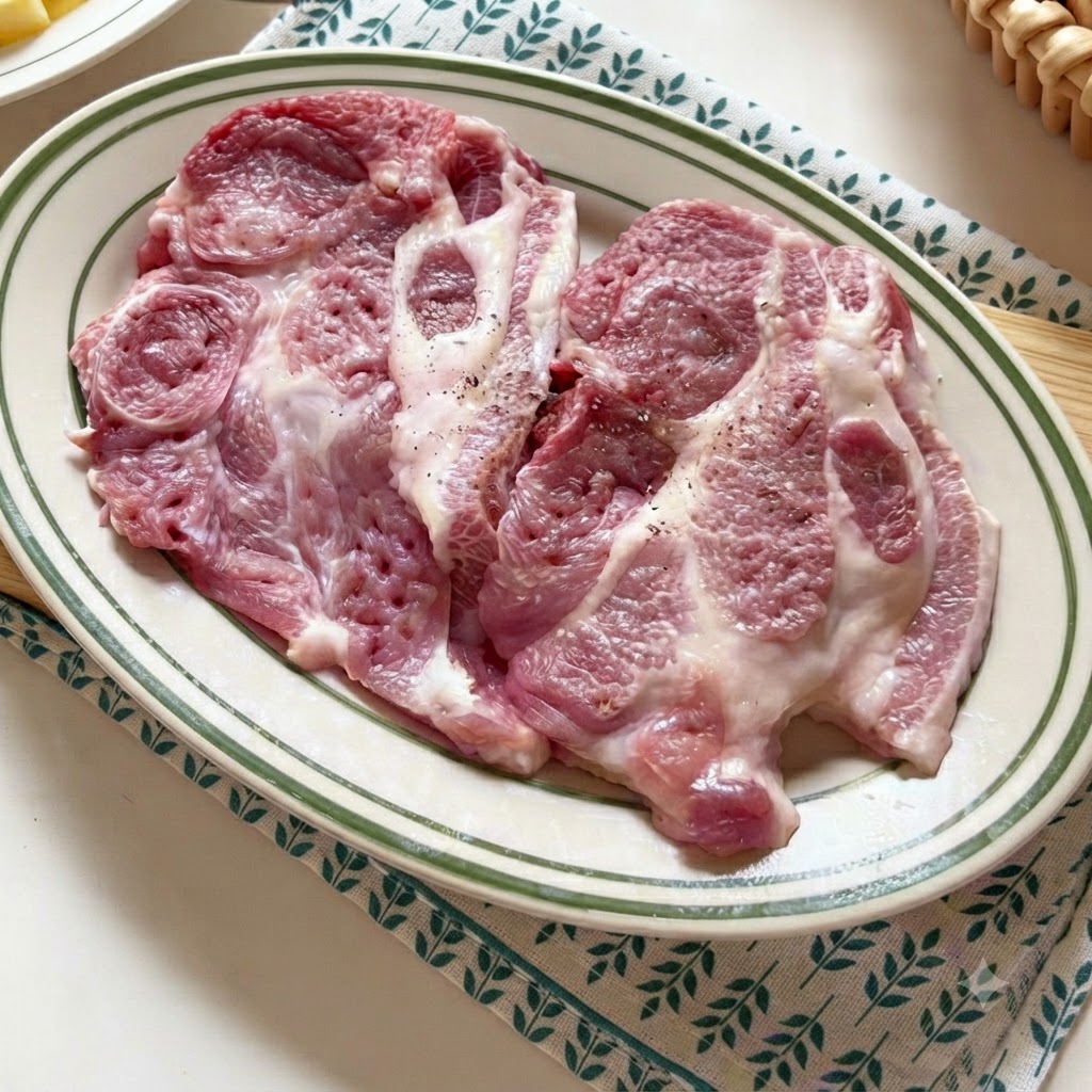 Two raw pork chops seasoned with black pepper and salt resting on a white oval plate with green rims.
