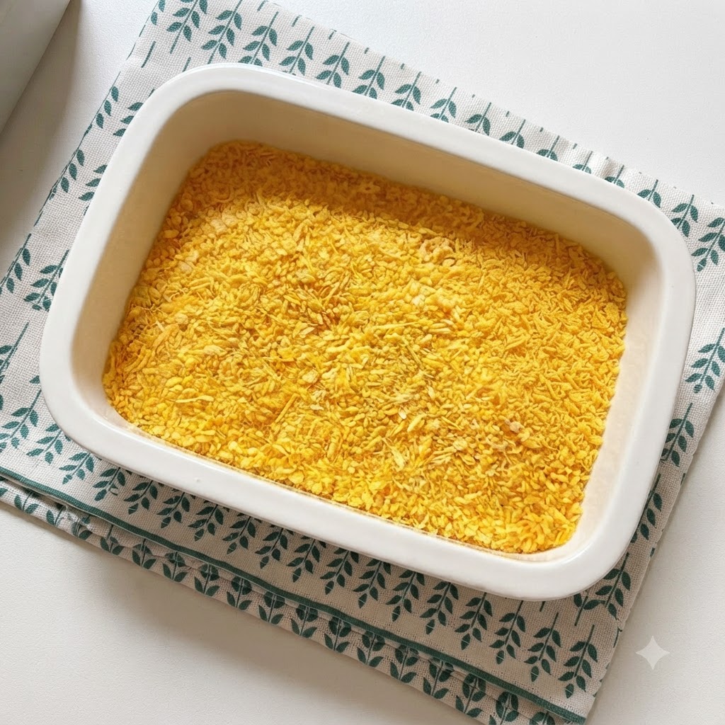 A white rectangular baking dish filled with yellow crispy breadcrumbs sitting on a patterned cloth.