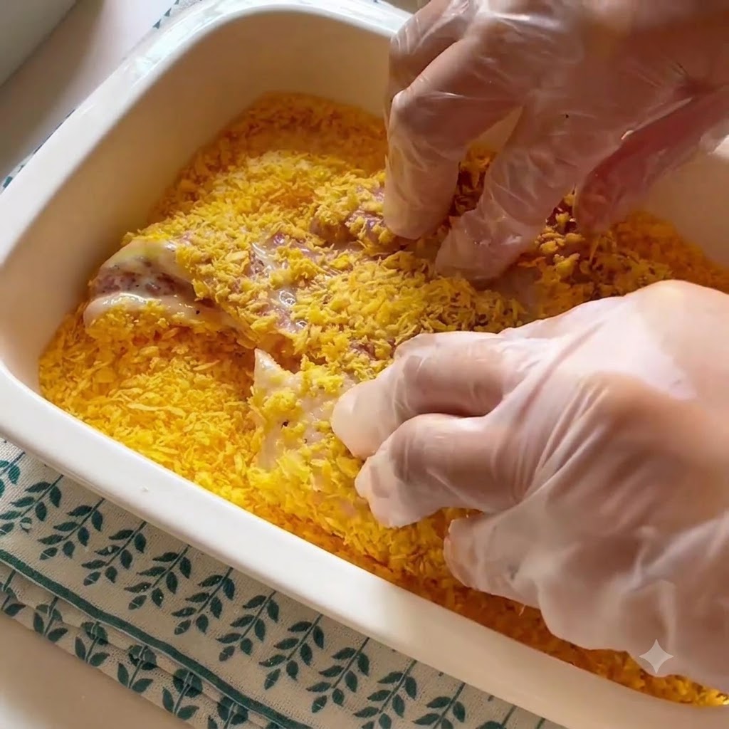 Gloved hands pressing breaded pork chops into a bed of yellow breadcrumbs inside a rectangular container.