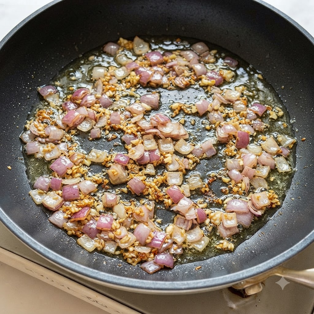Minced garlic and purple shallot pieces frying in hot oil inside a black skillet.