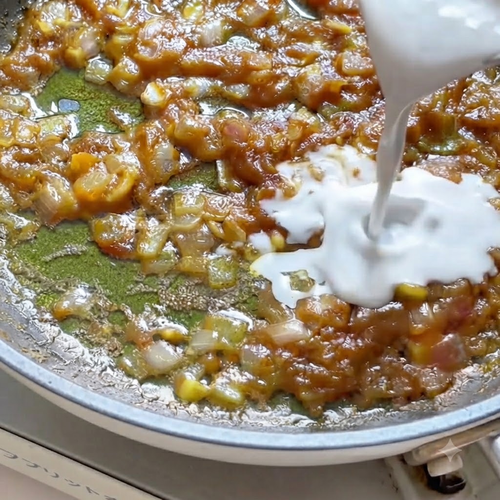 Coconut milk being poured from a pitcher into a frying pan with dissolving curry paste and aromatics.
