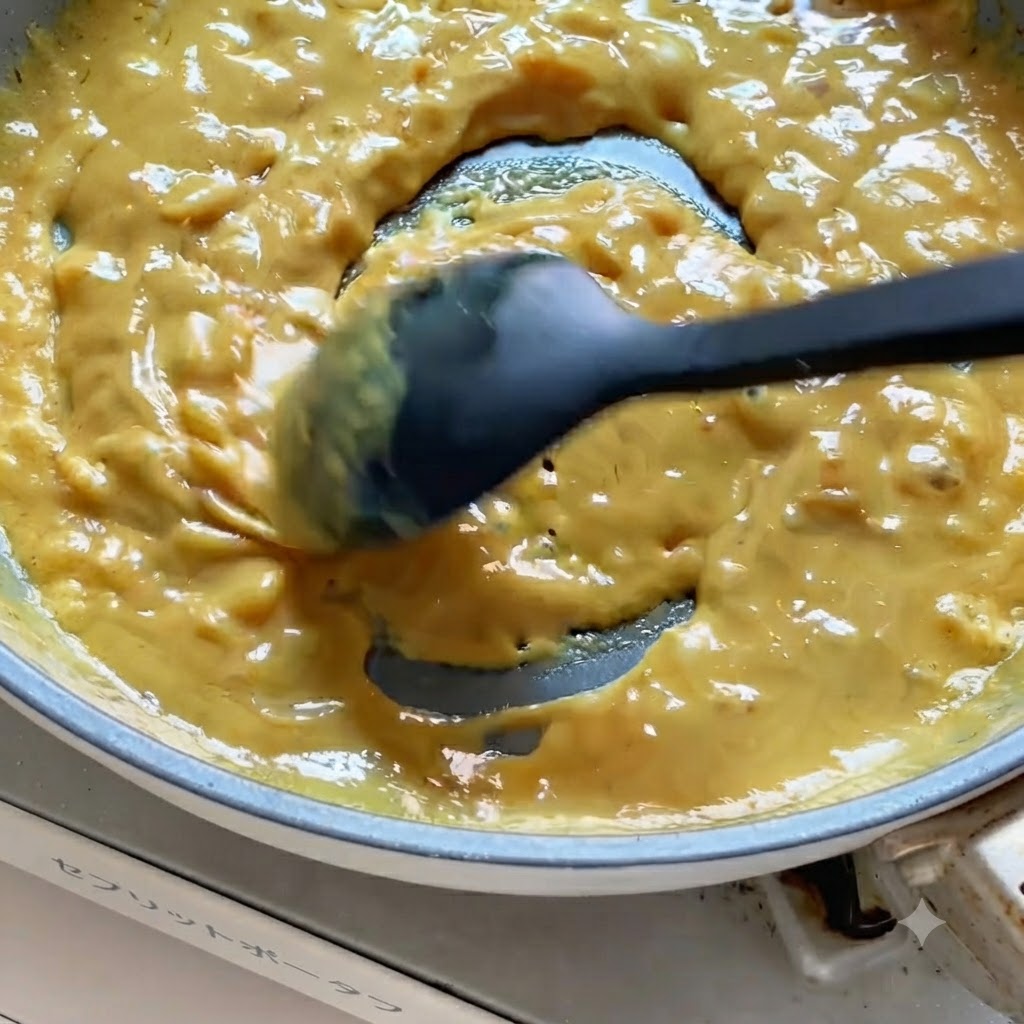 A black spatula stirring thick, creamy yellow curry sauce simmering in a frying pan.