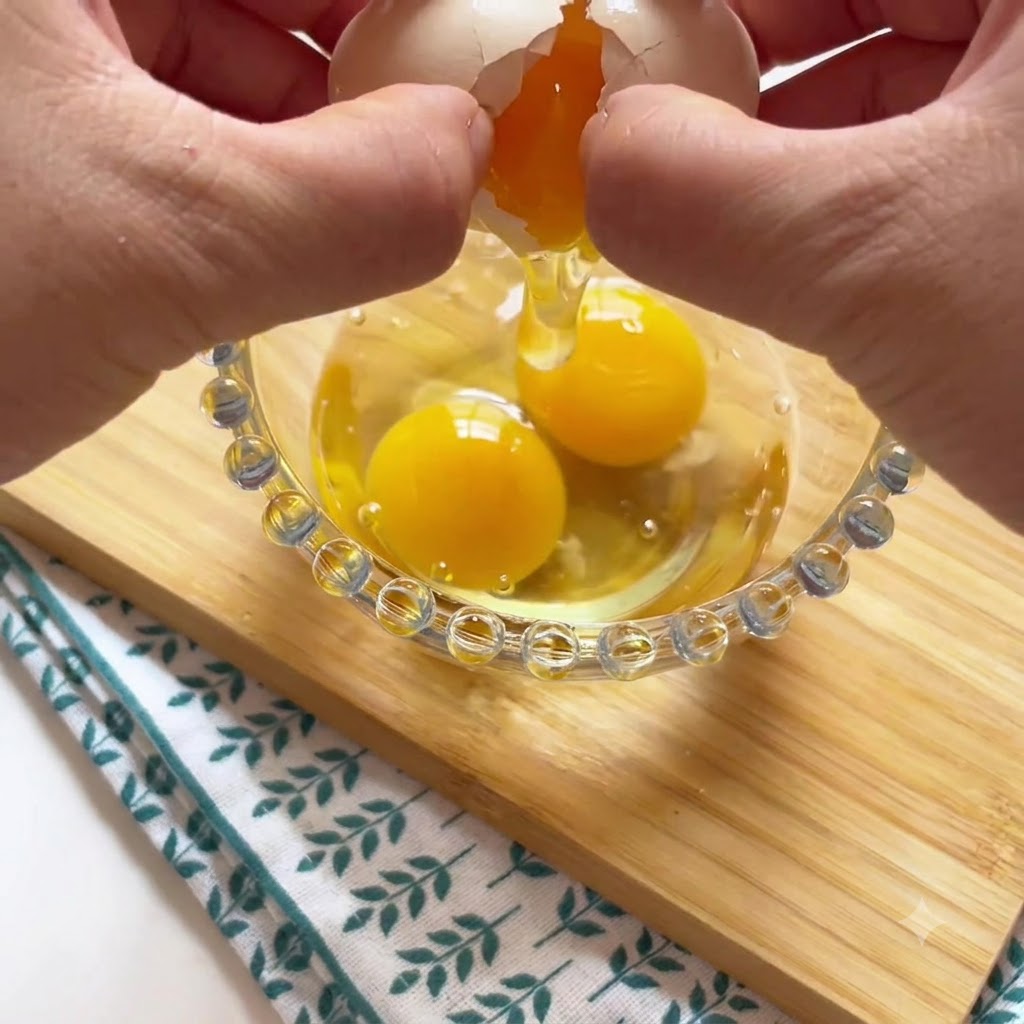 Hands cracking an egg into a glass bowl containing two other whole egg yolks, set on a wooden board.