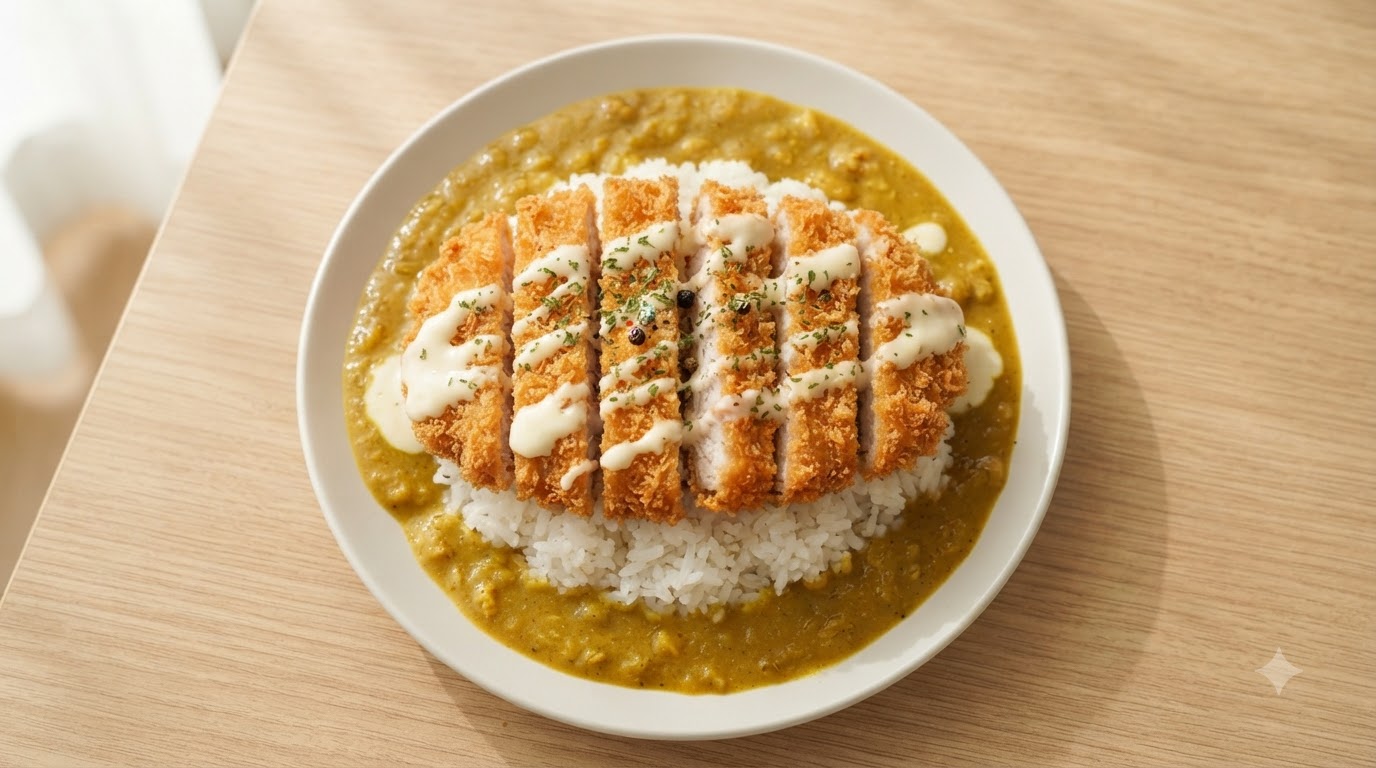 A plate of curry coconut pork chop rice featuring crispy sliced pork cutlets over savory yellow curry, white rice, and a creamy coconut cheese drizzle.
