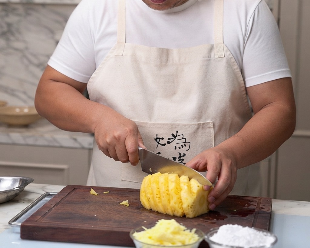 A person cutting a peeled fresh pineapple into chunky pieces on a wooden cutting board.