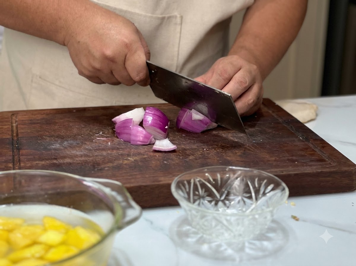 A red onion being chopped into large square pieces on a wooden cutting board with a knife.