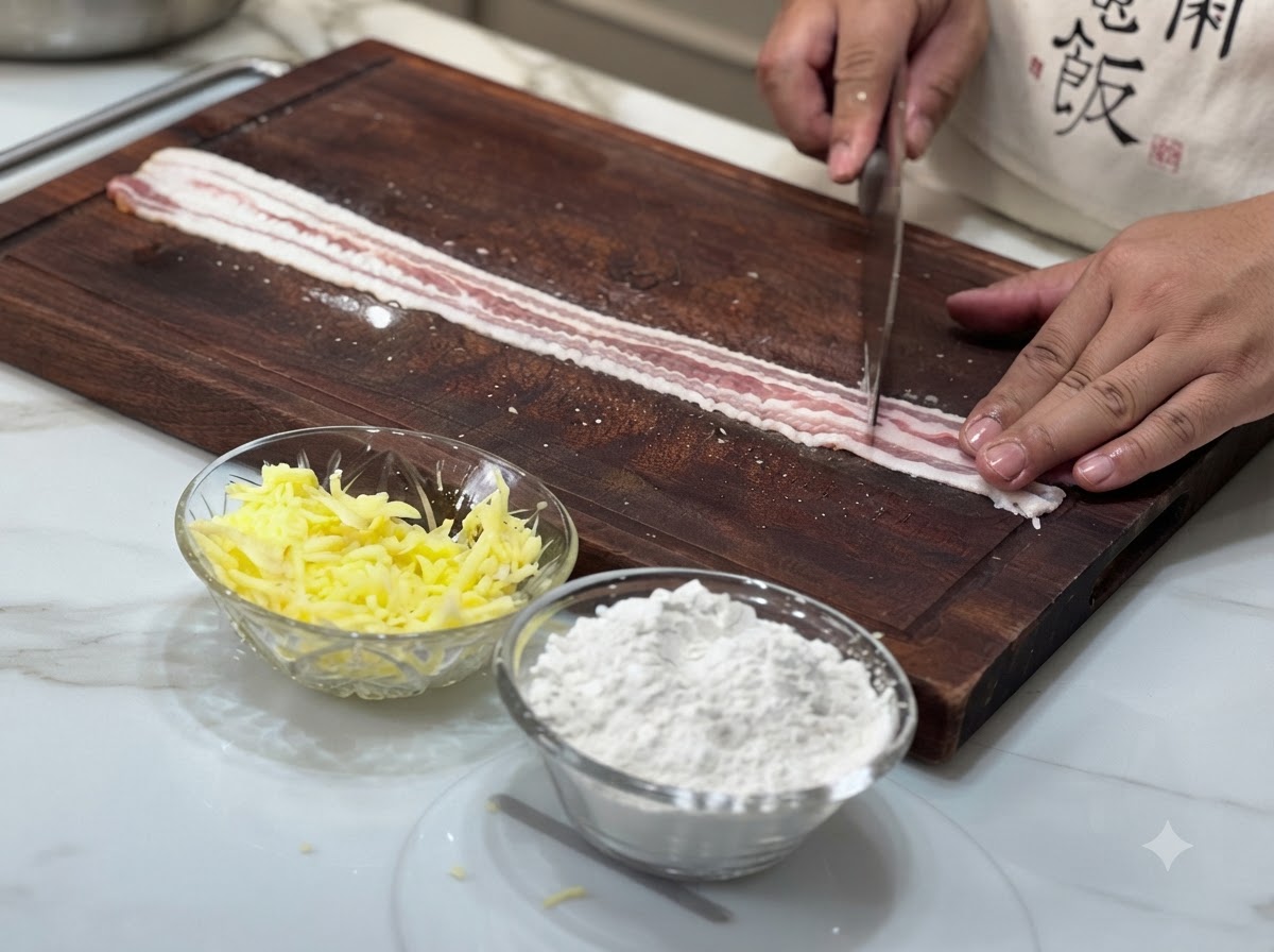 Two long slices of raw pork belly laid flat on a wooden cutting board, being patted with the back of a cleaver.