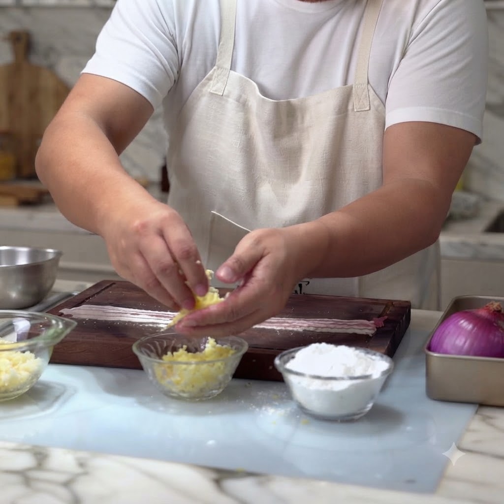 A small compressed ball of shredded mozzarella cheese being placed onto the end of raw pork belly slices on a cutting board.