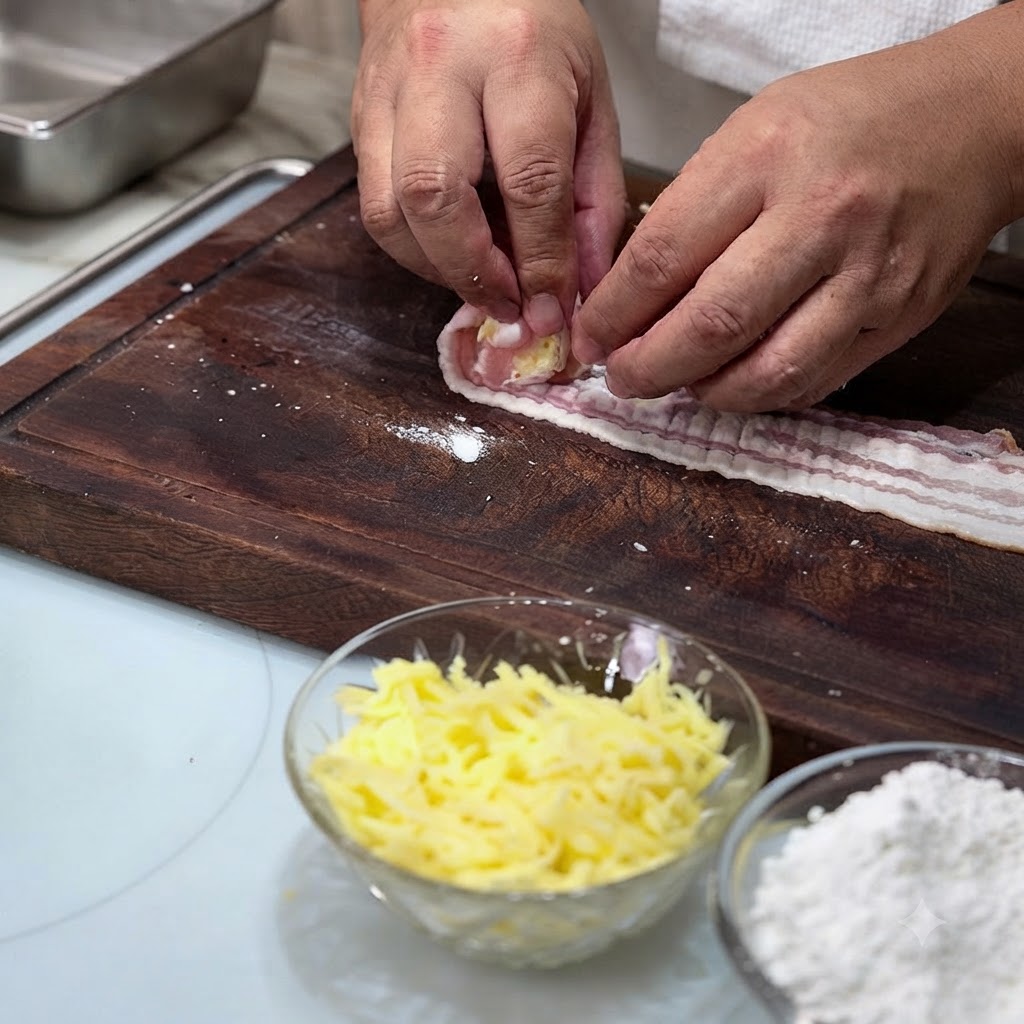 Raw pork belly slices being carefully rolled around a cheese center to form a tightly sealed meatball on a cutting board.