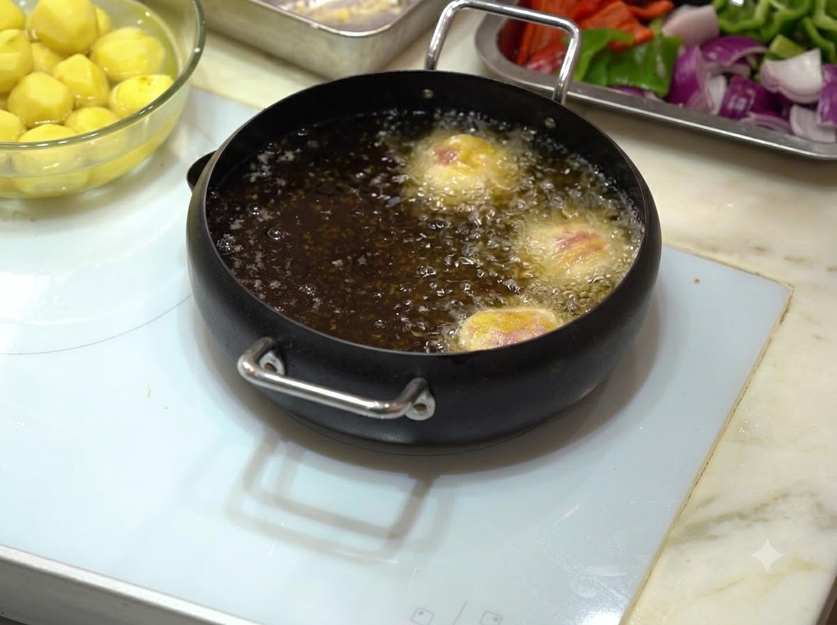Starch-coated meatballs frying in a black pot filled with hot bubbling cooking oil.