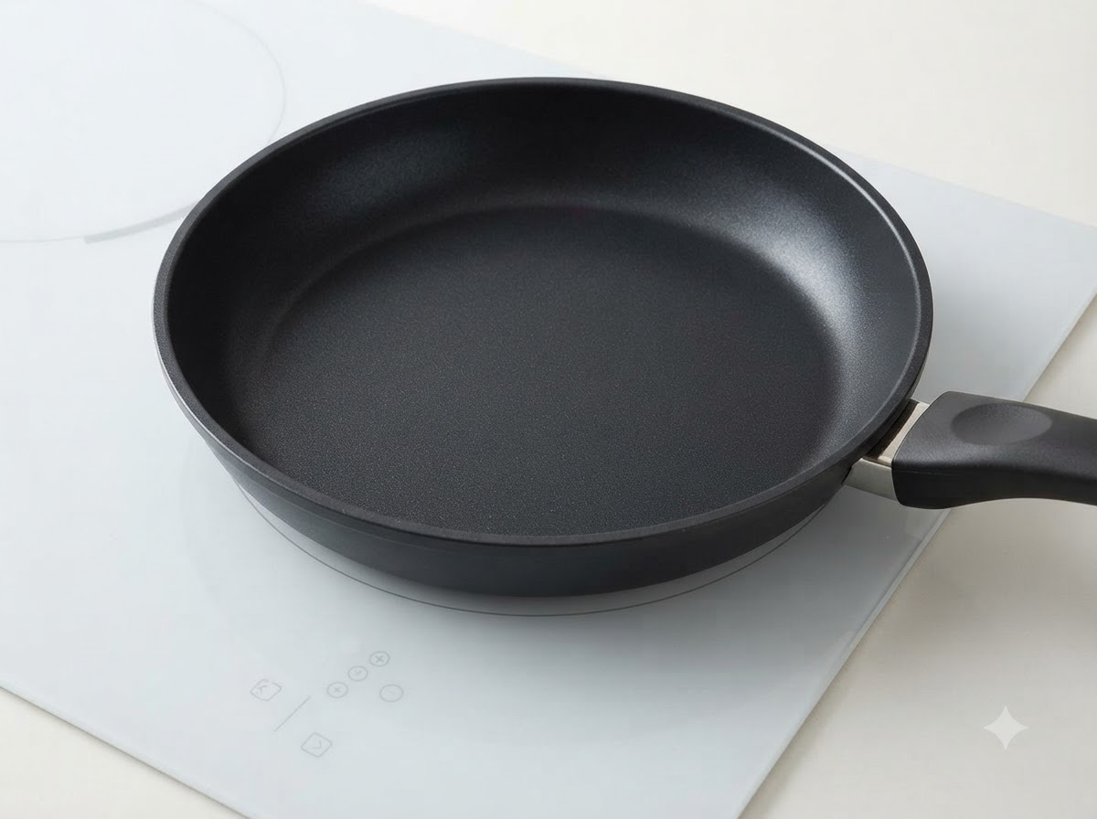 An empty dark pan heating on an induction cooktop surface.