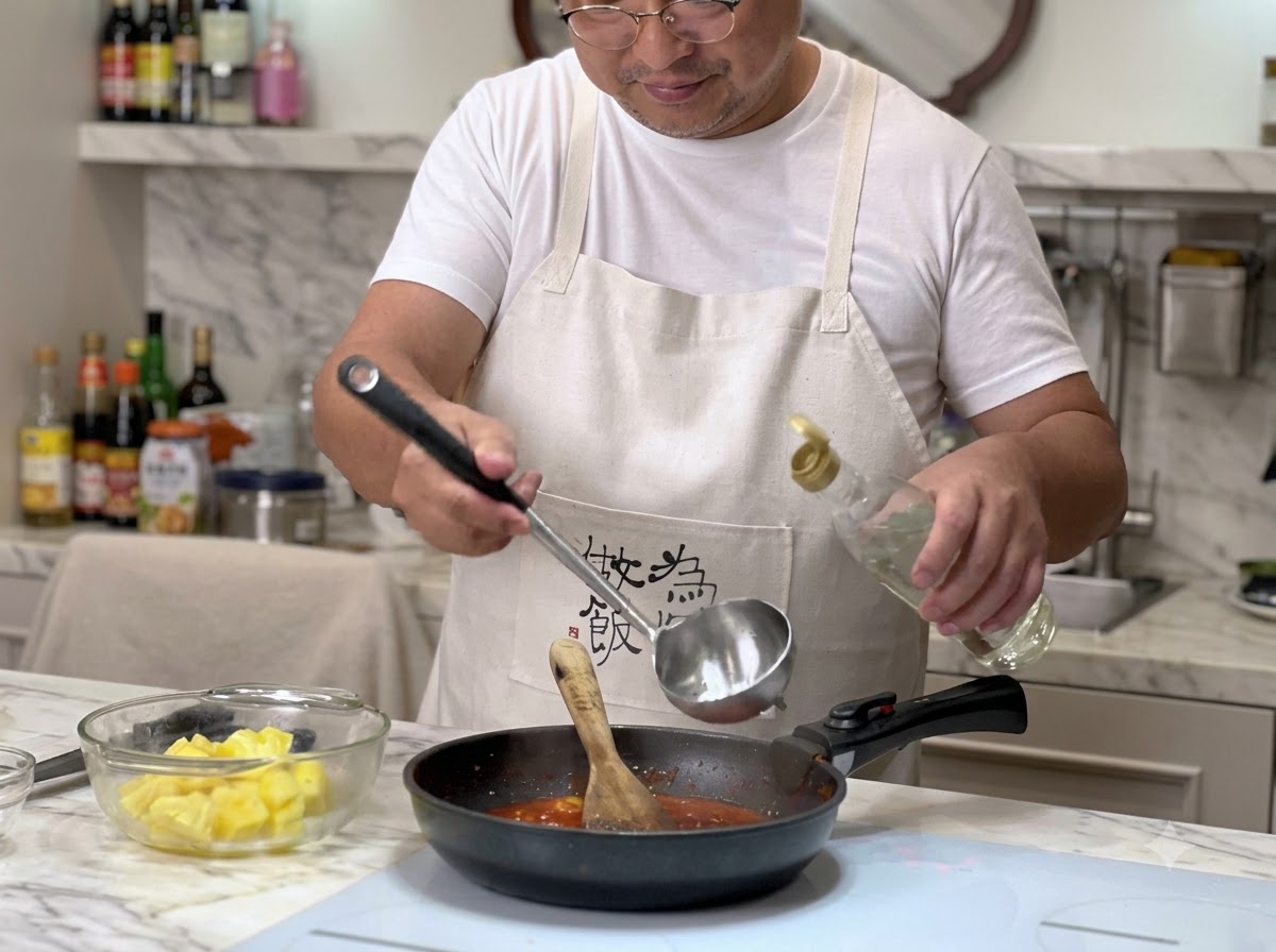 A person pouring white vinegar from a bottle into a simmering pan of red sauce while holding a ladle.