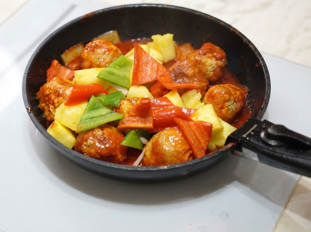 Fried meatballs, pineapple chunks, and bell peppers mixed together in a bubbling red sweet and sour sauce.