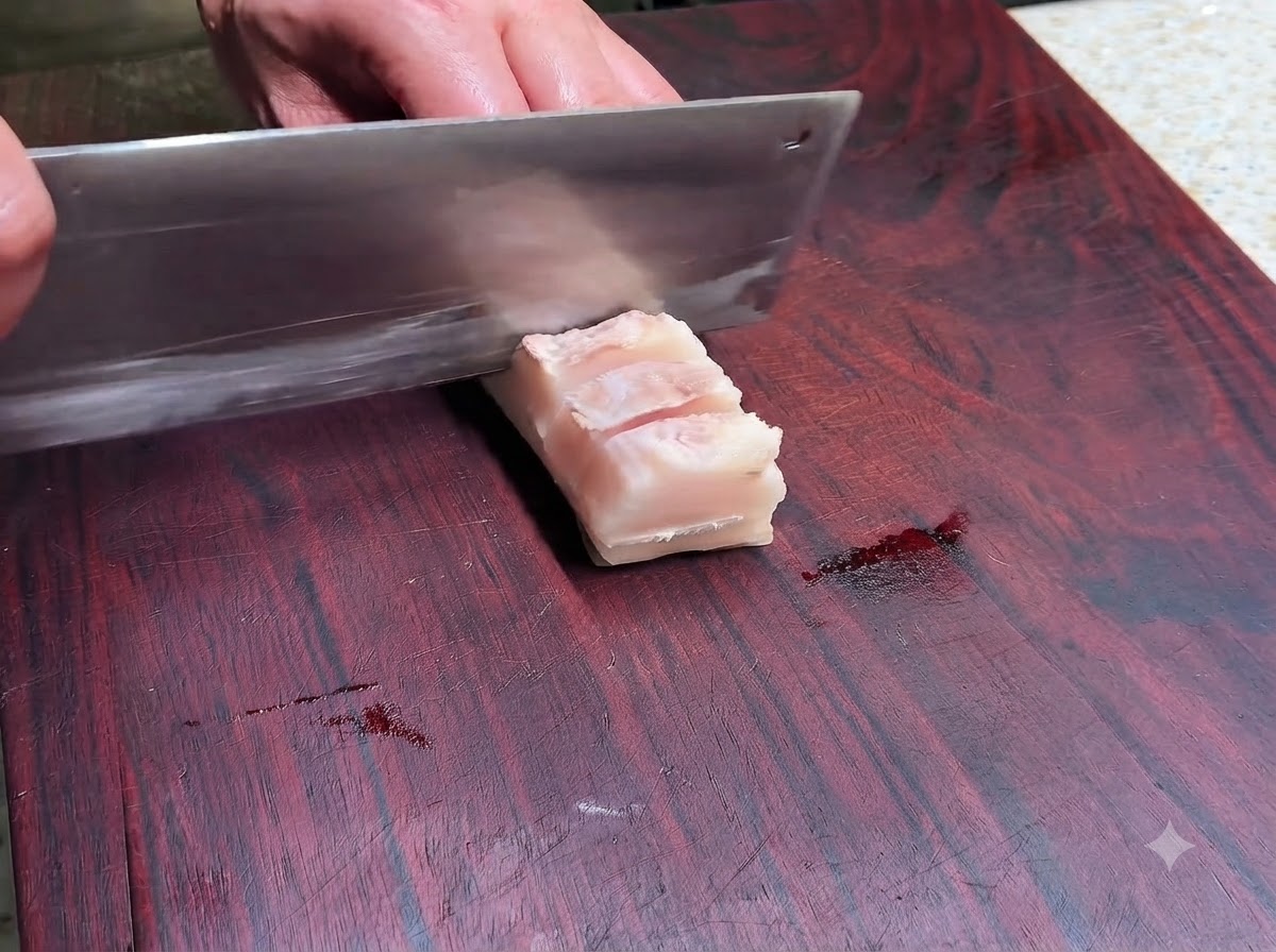 A sharp cleaver slicing shallow grid lines into the meat side of a parboiled block of pork belly.