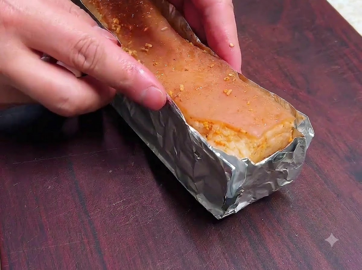 A block of marinated pork belly wrapped tightly around its sides and bottom with aluminum foil.