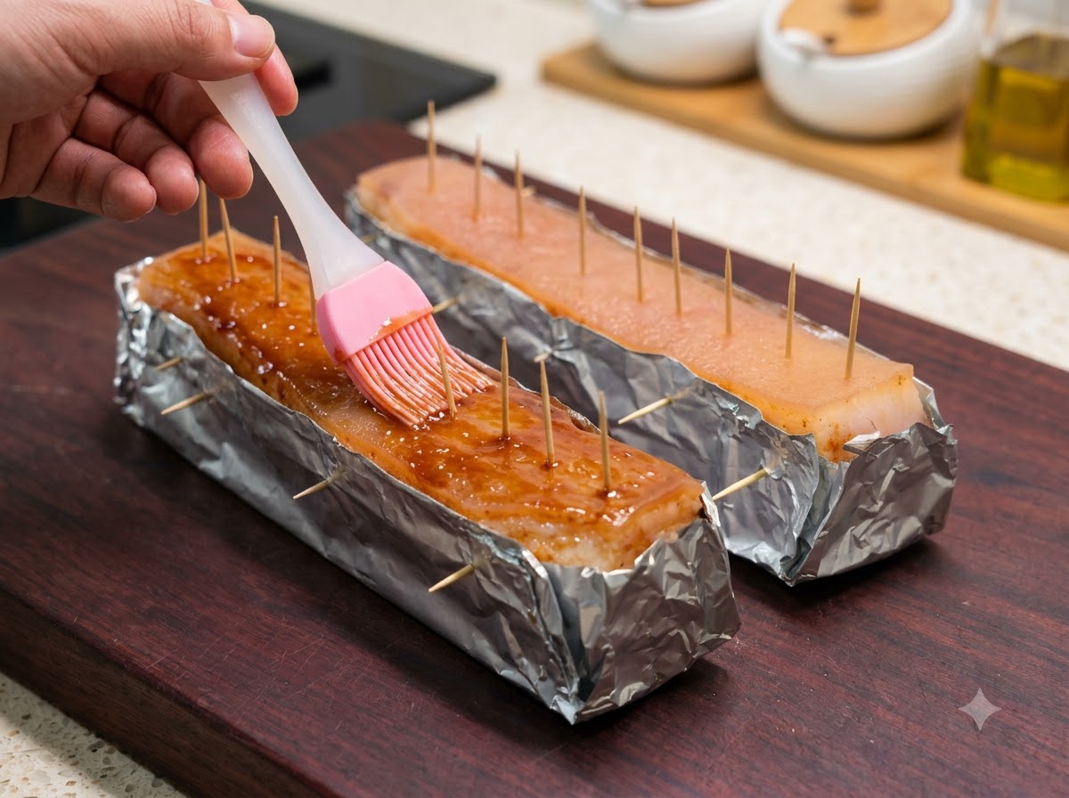 A hand using a pink silicone brush to apply white vinegar onto the exposed skin of foil-wrapped pork belly.