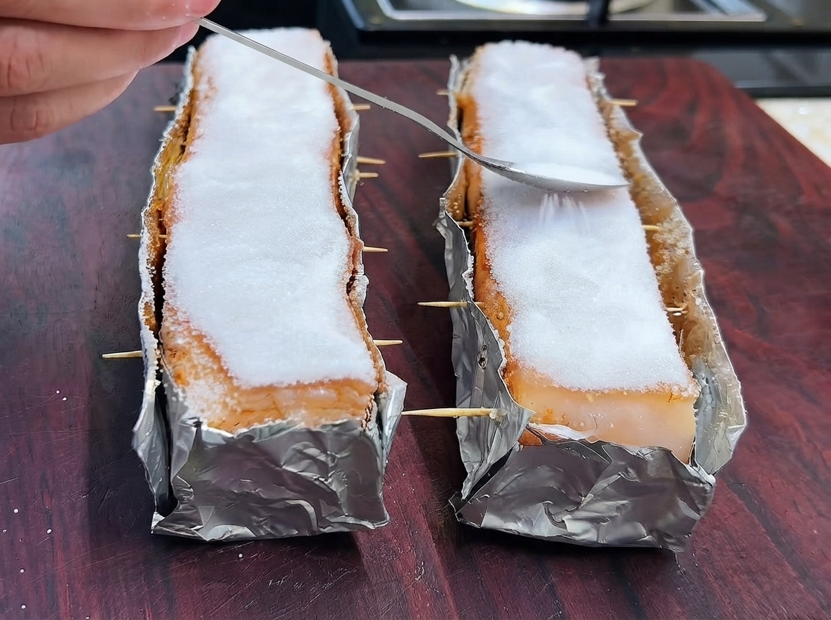 A thick layer of coarse salt being carefully spooned and pressed onto the pork skin on a wooden board.