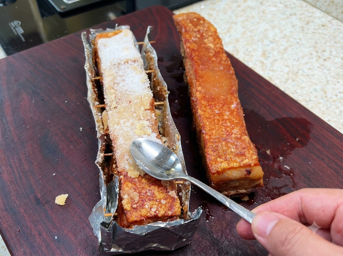 The hard baked layer of salt being scraped and tapped off from the crispy pork skin using a spoon.