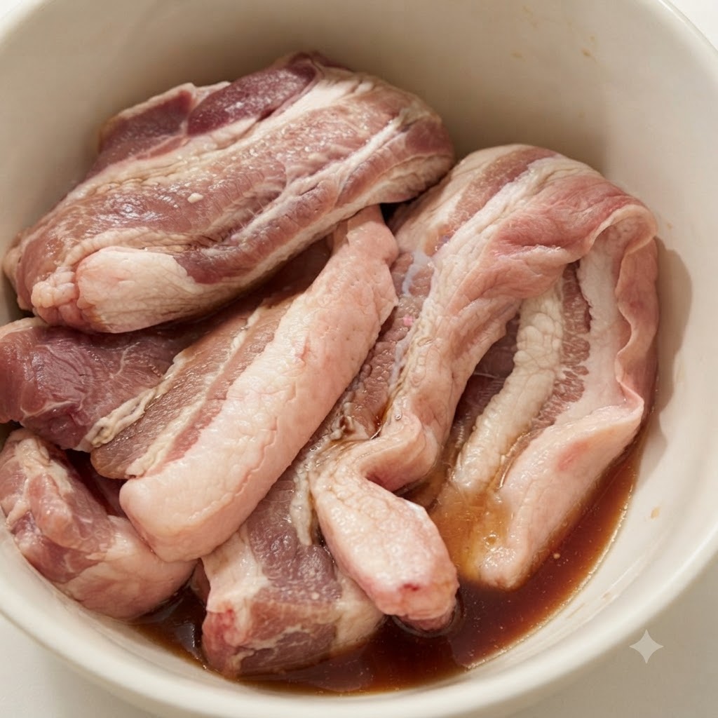 Pork belly strips immersed in a bowl of cooking wine and marinade.