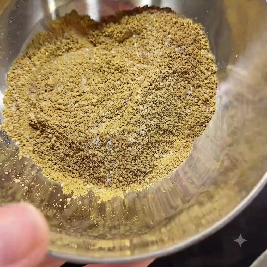 A metal bowl containing a mixture of salt, five-spice powder, and Sichuan peppercorn powder.