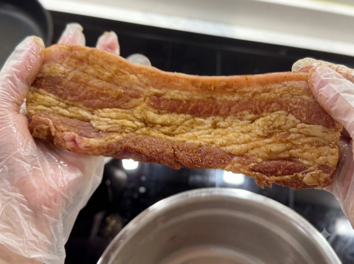 Gloved hands holding a seasoned pork belly strip covered in spice rub.