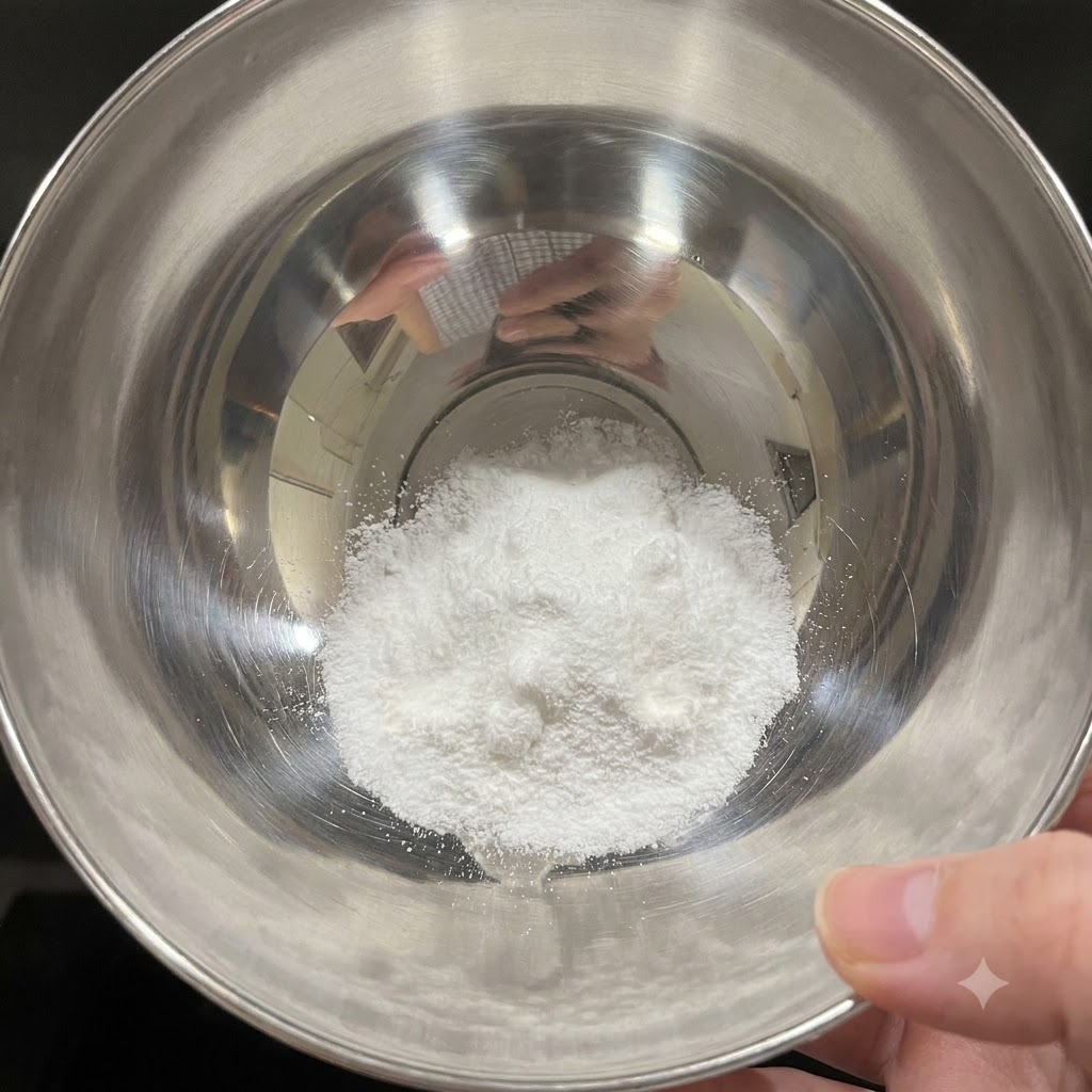 A small metal bowl filled with white salt and baking soda powder before adding warm water.