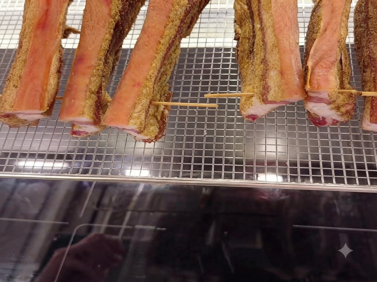 Seasoned pork belly strips secured with wooden toothpicks sitting neatly on a wire baking grid.