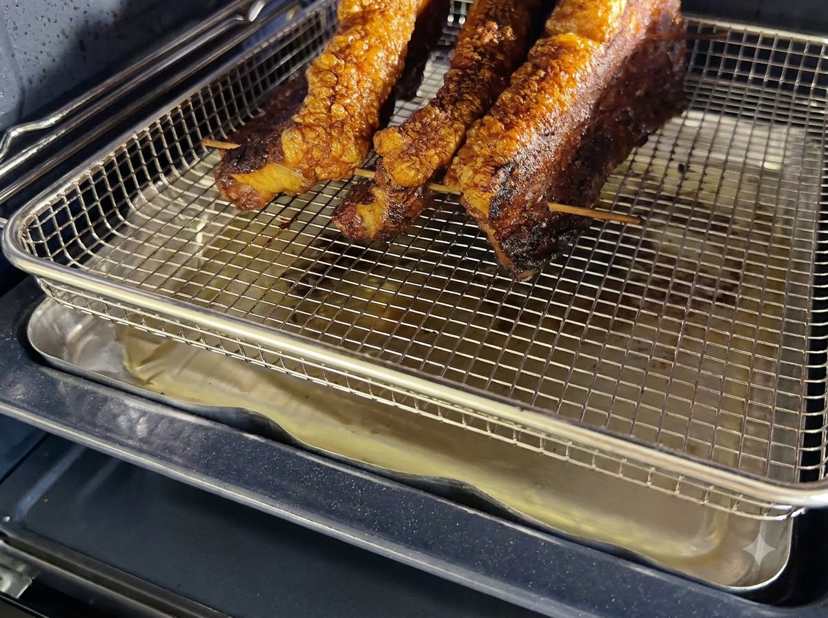 A wire rack holding pork belly placed inside the oven over a drip pan collecting rendering fats.