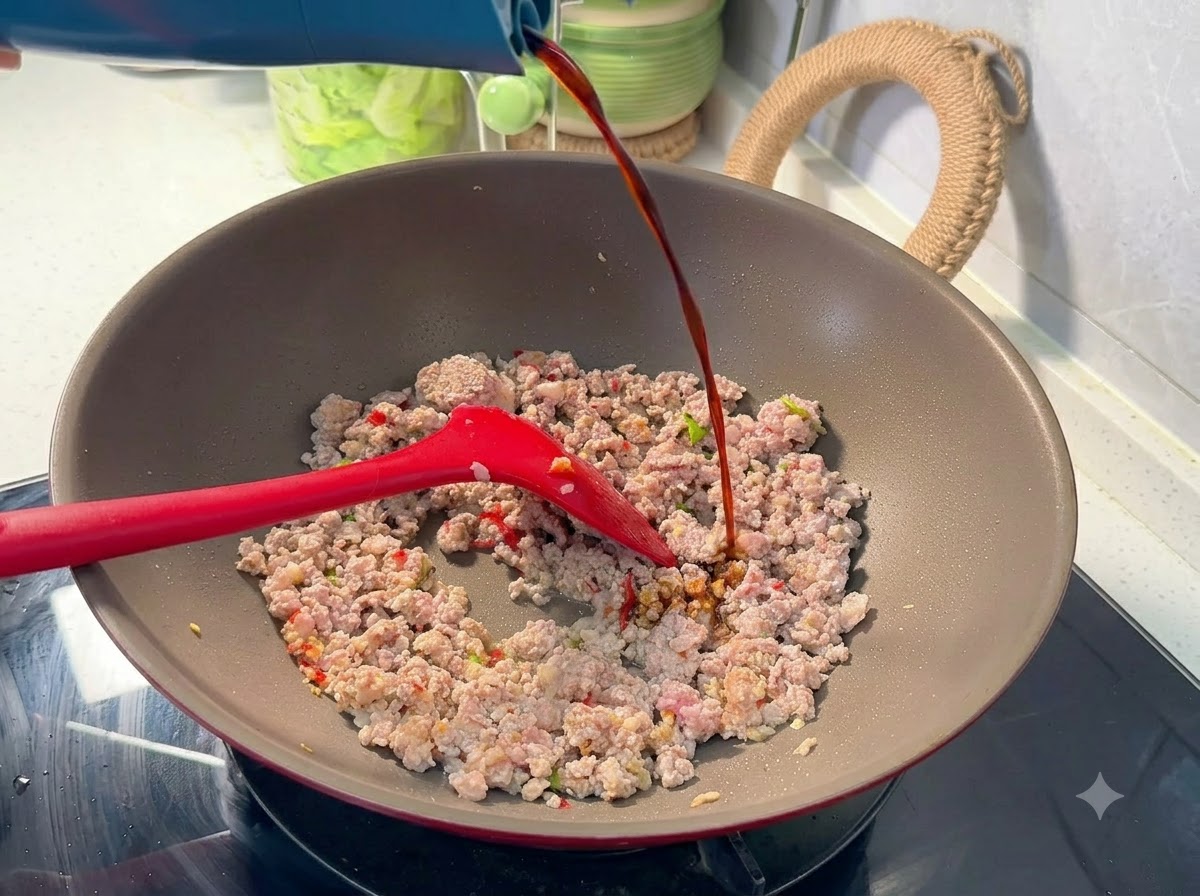 Dark soy sauce pouring from a bottle into a wok filled with seasoned minced pork.