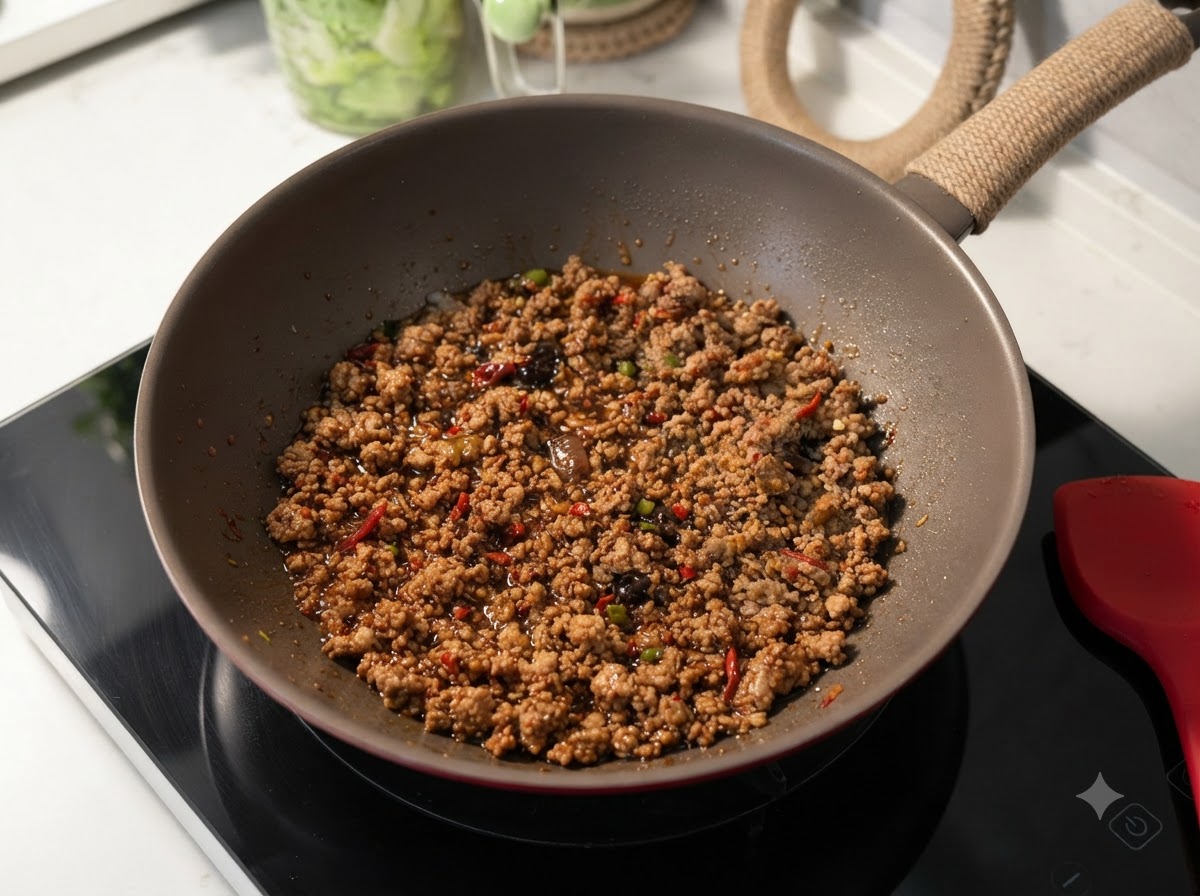 Minced pork simmering in a savory brown sauce inside a red wok.