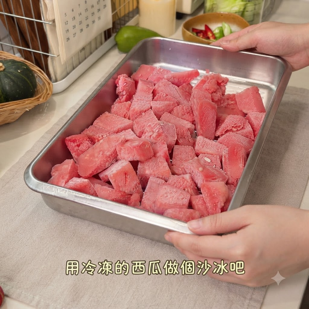 A metal tray filled with vibrant red frozen watermelon cubes being held by two hands.