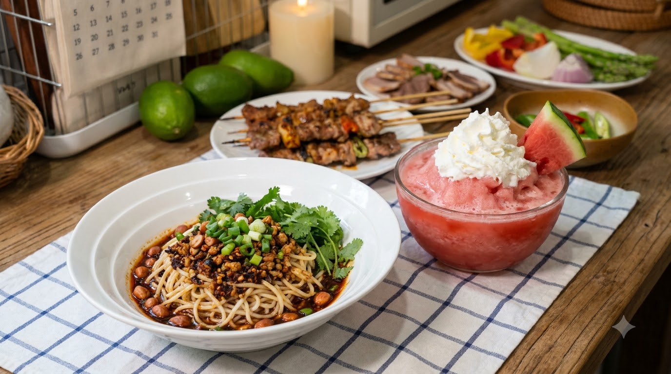 A bowl of spicy minced pork rice noodles next to a pink watermelon slushie topped with whipped cream, accompanied by grilled pork belly and fresh vegetables.