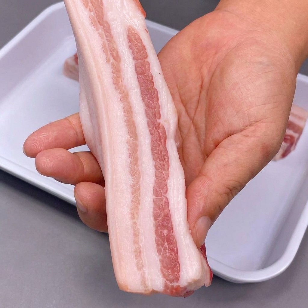 Skin-on pork belly strips soaking inside a white container filled with white vinegar.