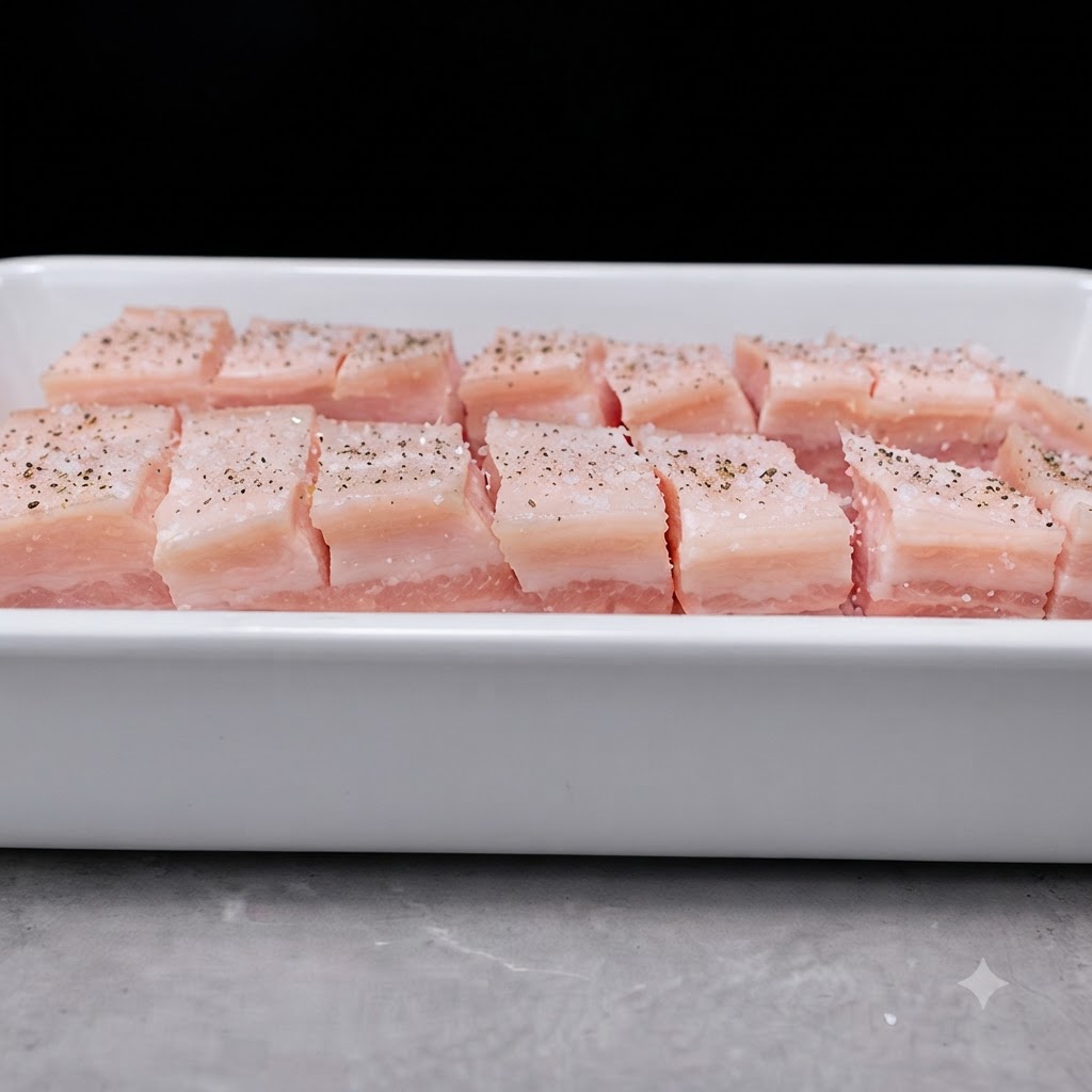 Scored pork belly strips laid out in a white tray, heavily seasoned with sea salt and black pepper.