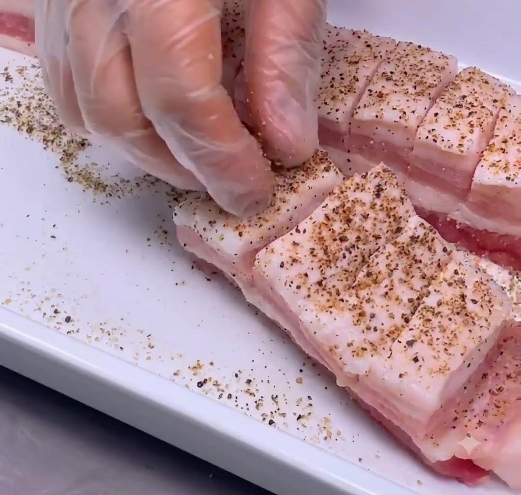 Gloved hands massaging salt and pepper deep into the scored cuts of pork belly.