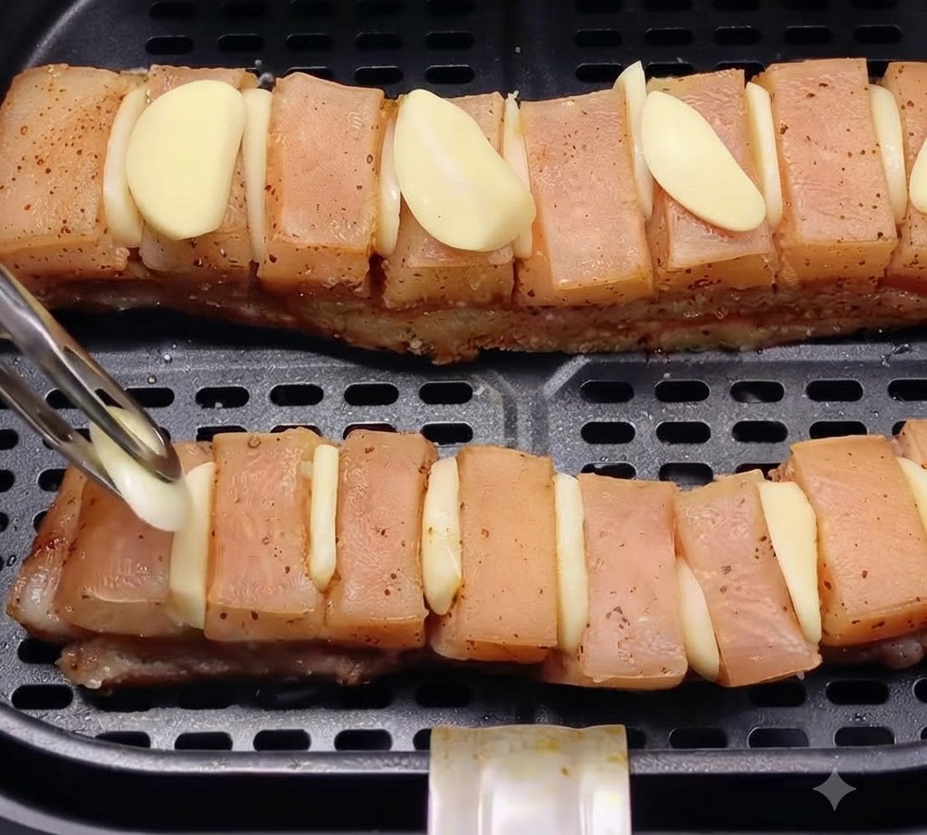 Tongs placing fresh garlic slices directly onto pork belly strips inside an air fryer basket.