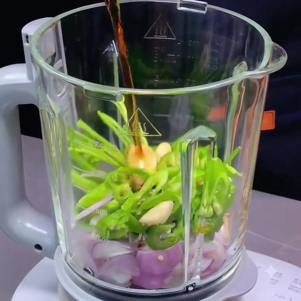 Liquid seasonings being poured into the blender container holding chopped chilis, shallots, and garlic.