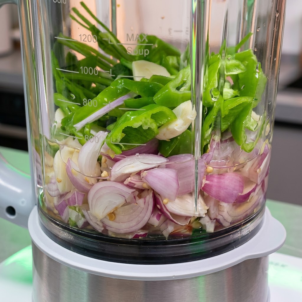 The ingredients for the Thai-style dipping sauce resting inside the food processor container before blending.