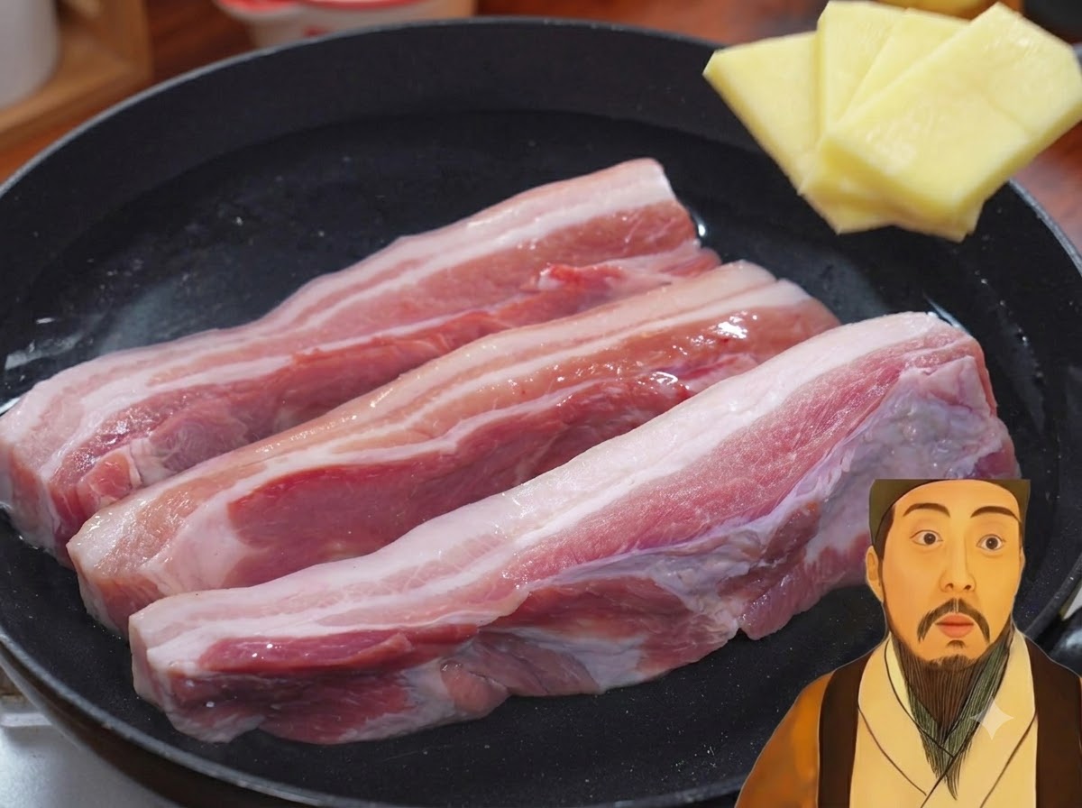 Strips of pork belly simmering in a pan of water with ginger slices.