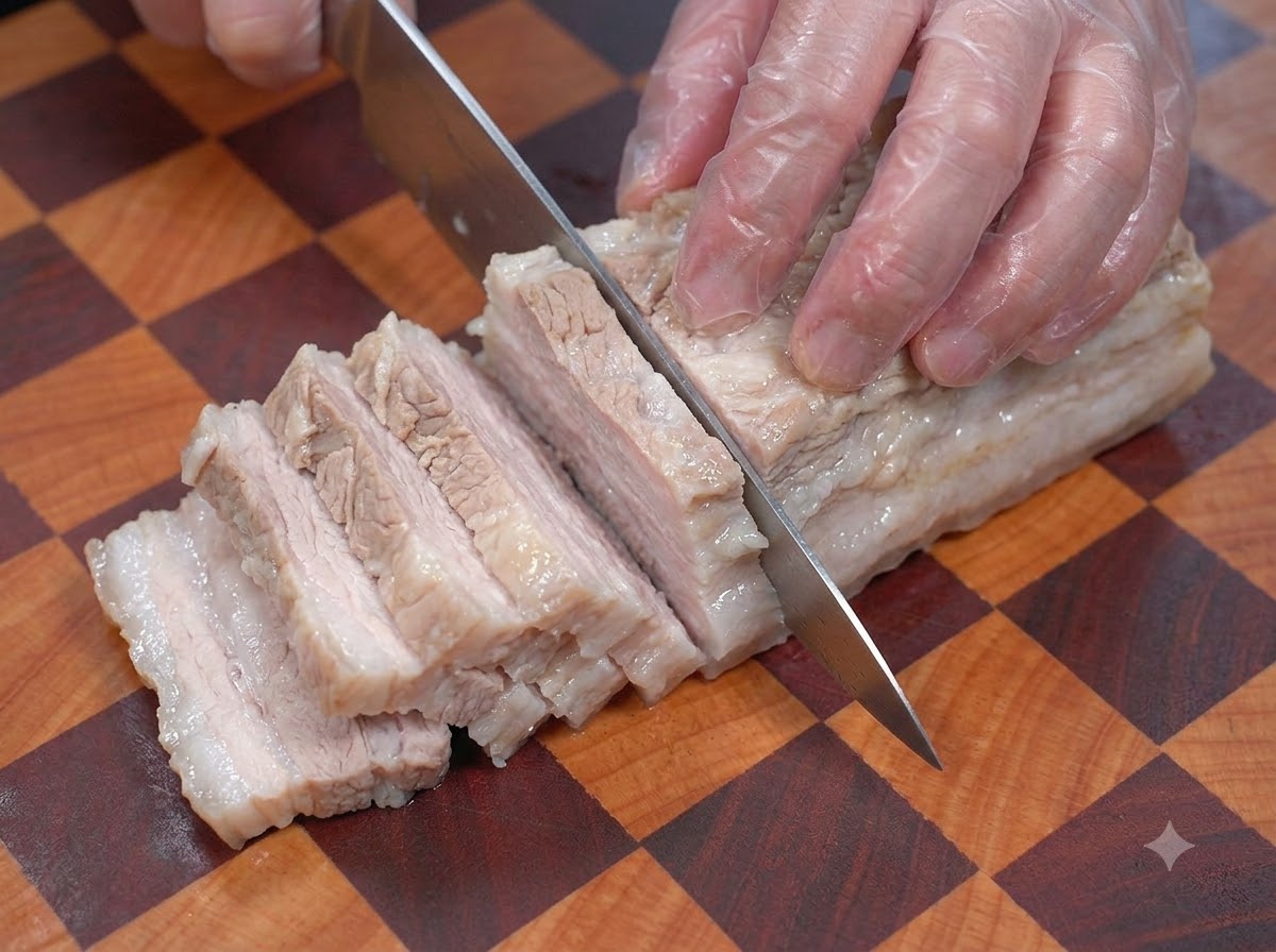 A knife making parallel cuts across the surface of a boiled pork belly piece on a wooden cutting board.