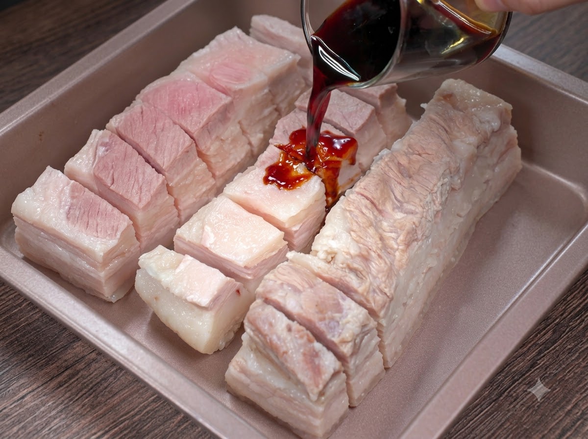 Dark sauce being poured from a glass container onto scored pork belly strips inside a tray.