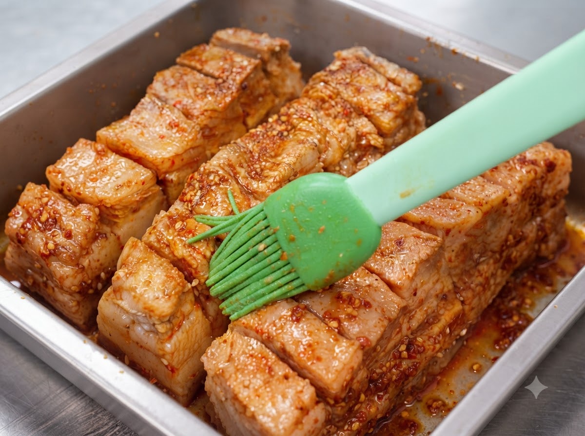 A green silicone brush applying sauce evenly over the surface of marinated pork belly strips in a tray.