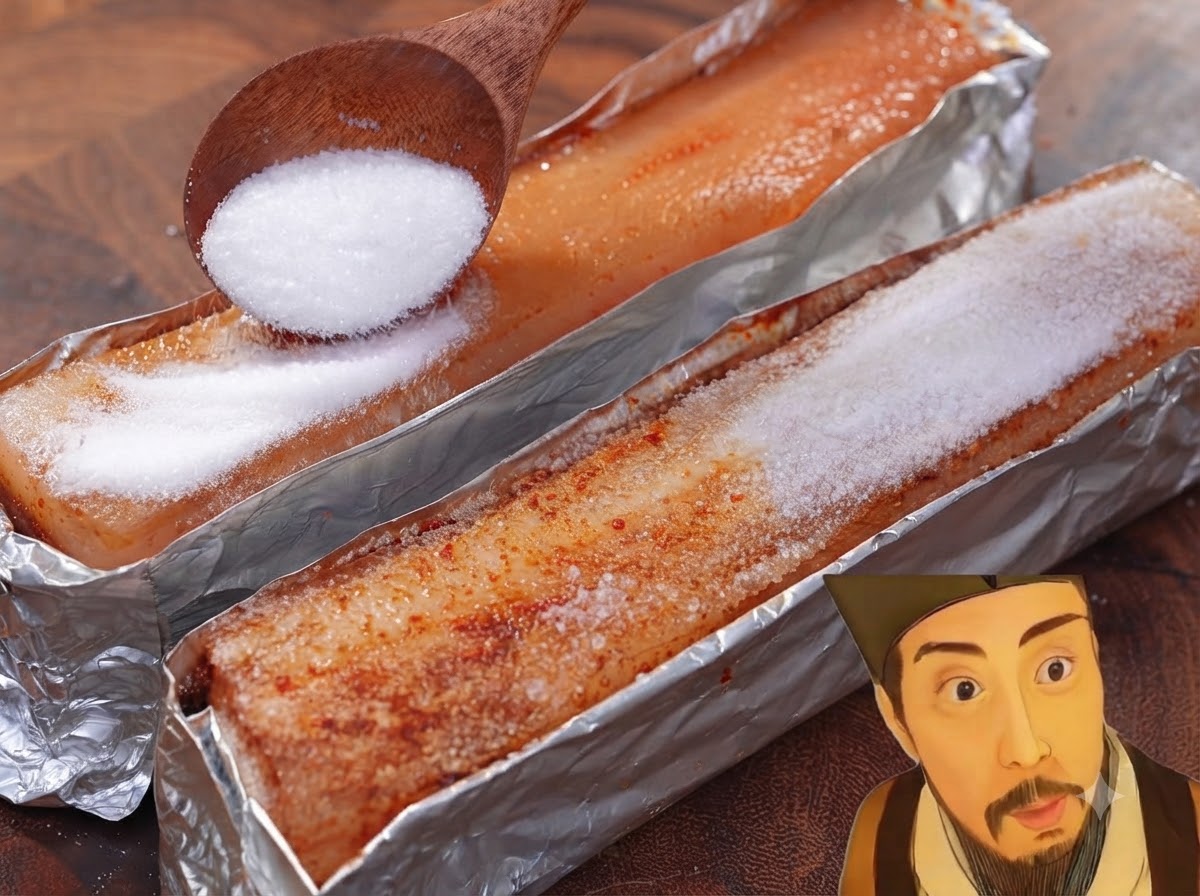 A wooden spoon spreading coarse white salt over marinated pork belly strips wrapped in tin foil.