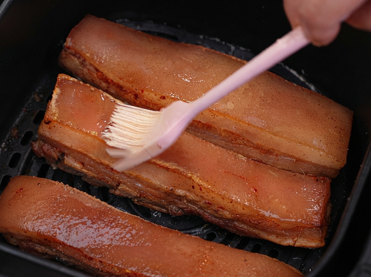 White vinegar being brushed onto the exposed pork skin after removing the tin foil inside the air fryer basket.
