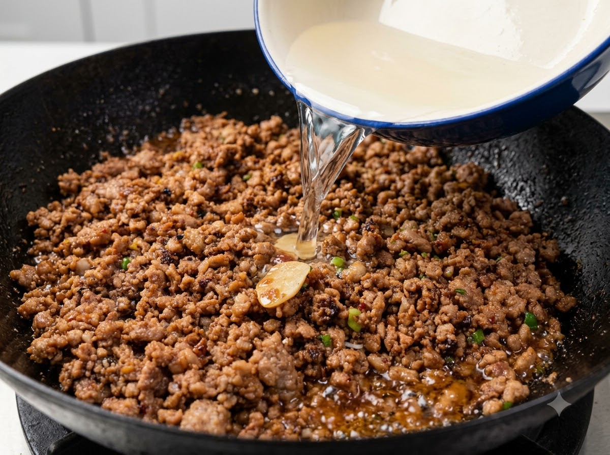 Clear water being poured from a white bowl into a wok filled with cooked, seasoned minced meat.