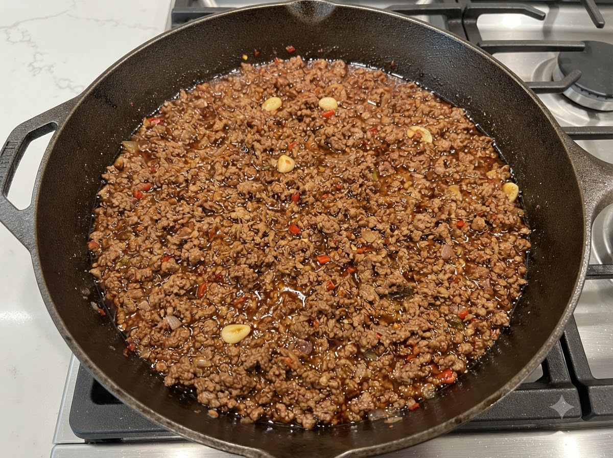 Stirring the rich brown meat sauce with a metal ladle in a cast iron skillet.