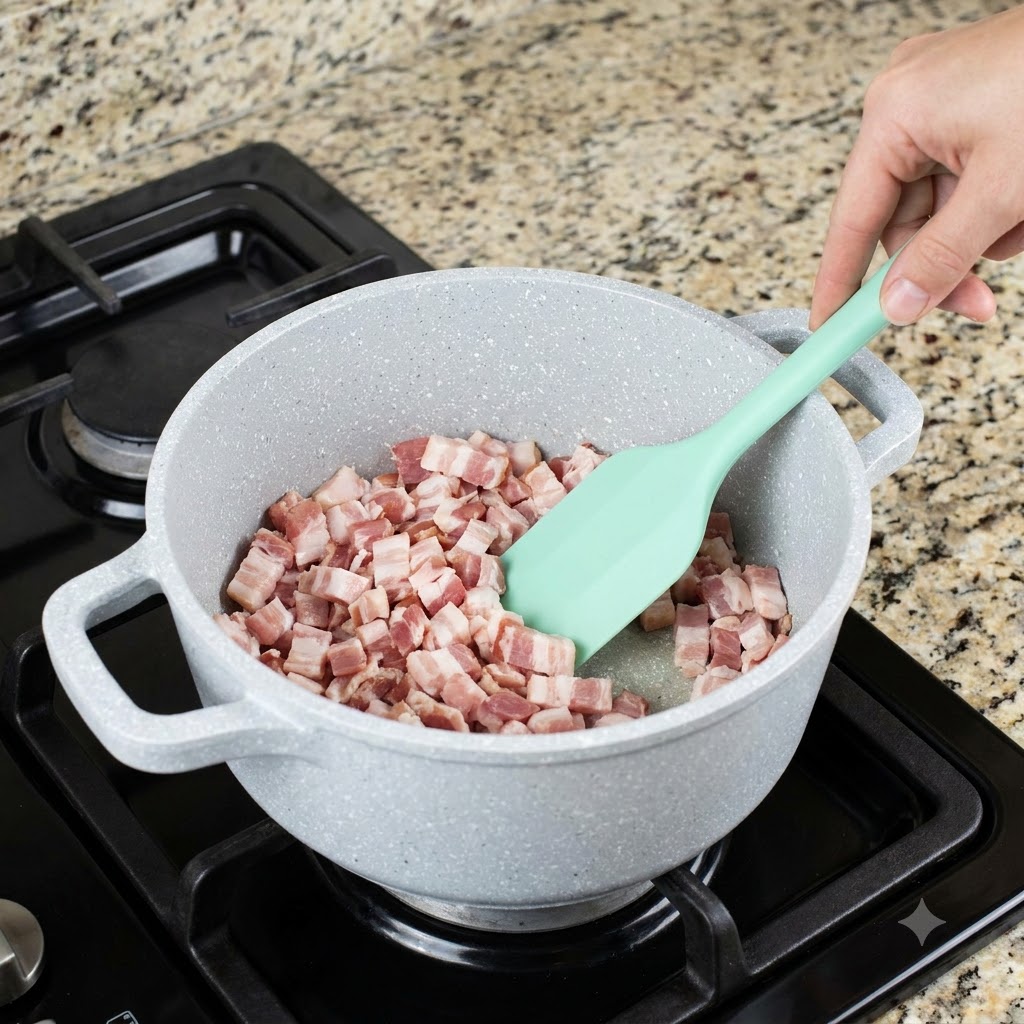 Fatty pork cubes frying and rendering fat in a white pot on a gas burner.