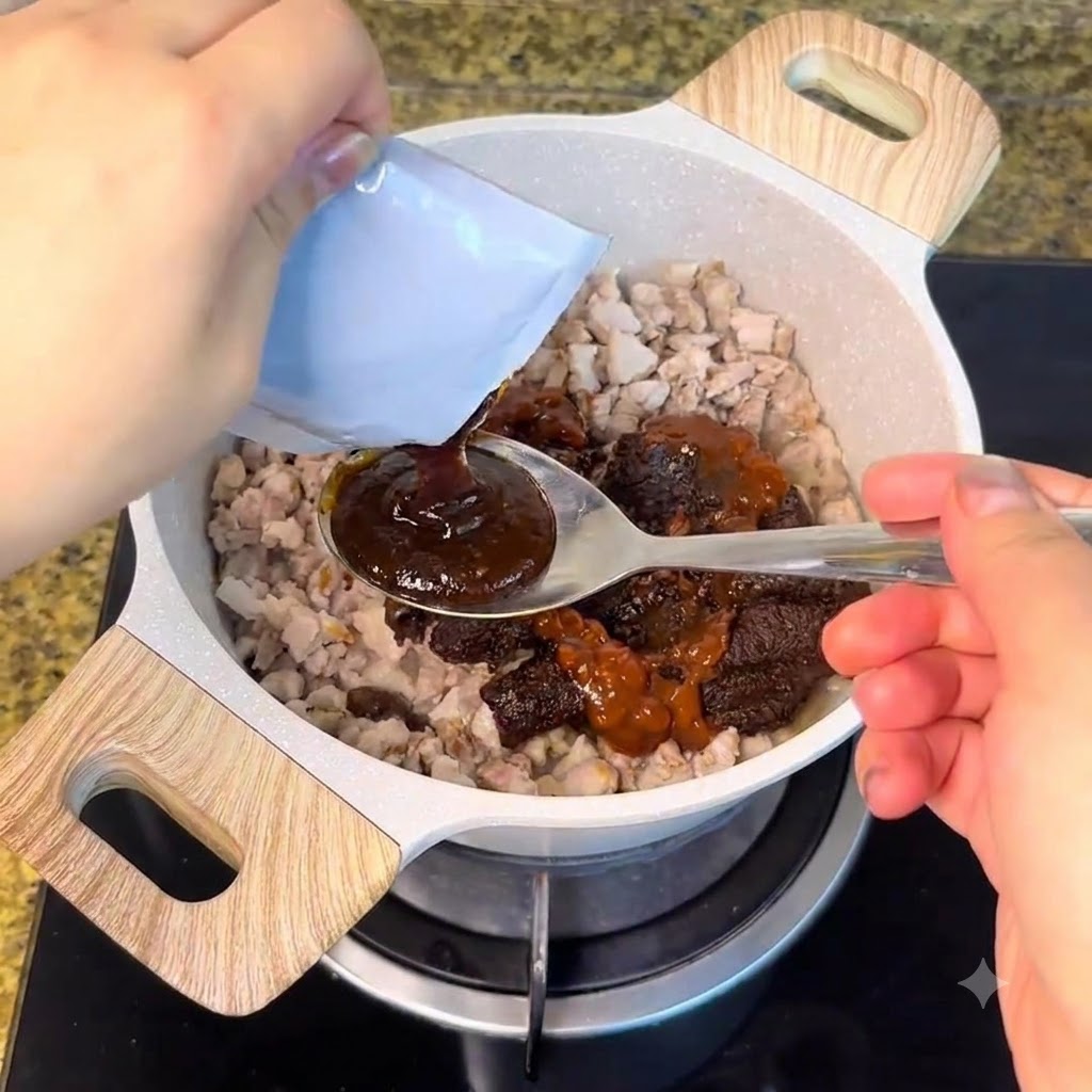 Sauce and condiments being added from packets and a spoon into the cooked meat in the pot.