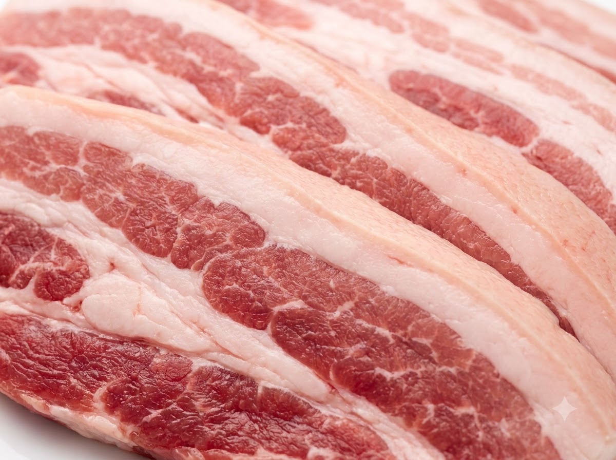 Fresh raw pork belly strips in a metal tray being pierced multiple times with a metal fork.