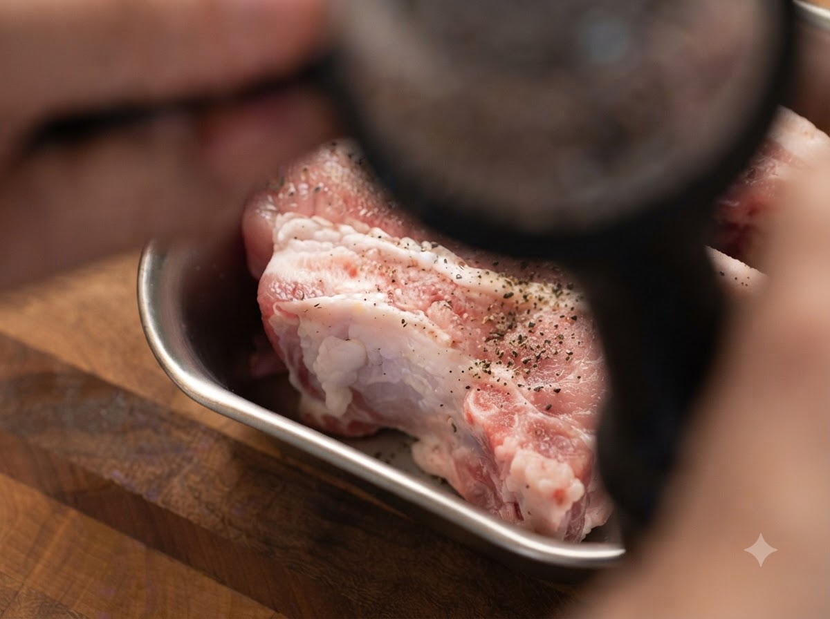Grinding black pepper over raw pork belly strips arranged neatly in a metal tray.